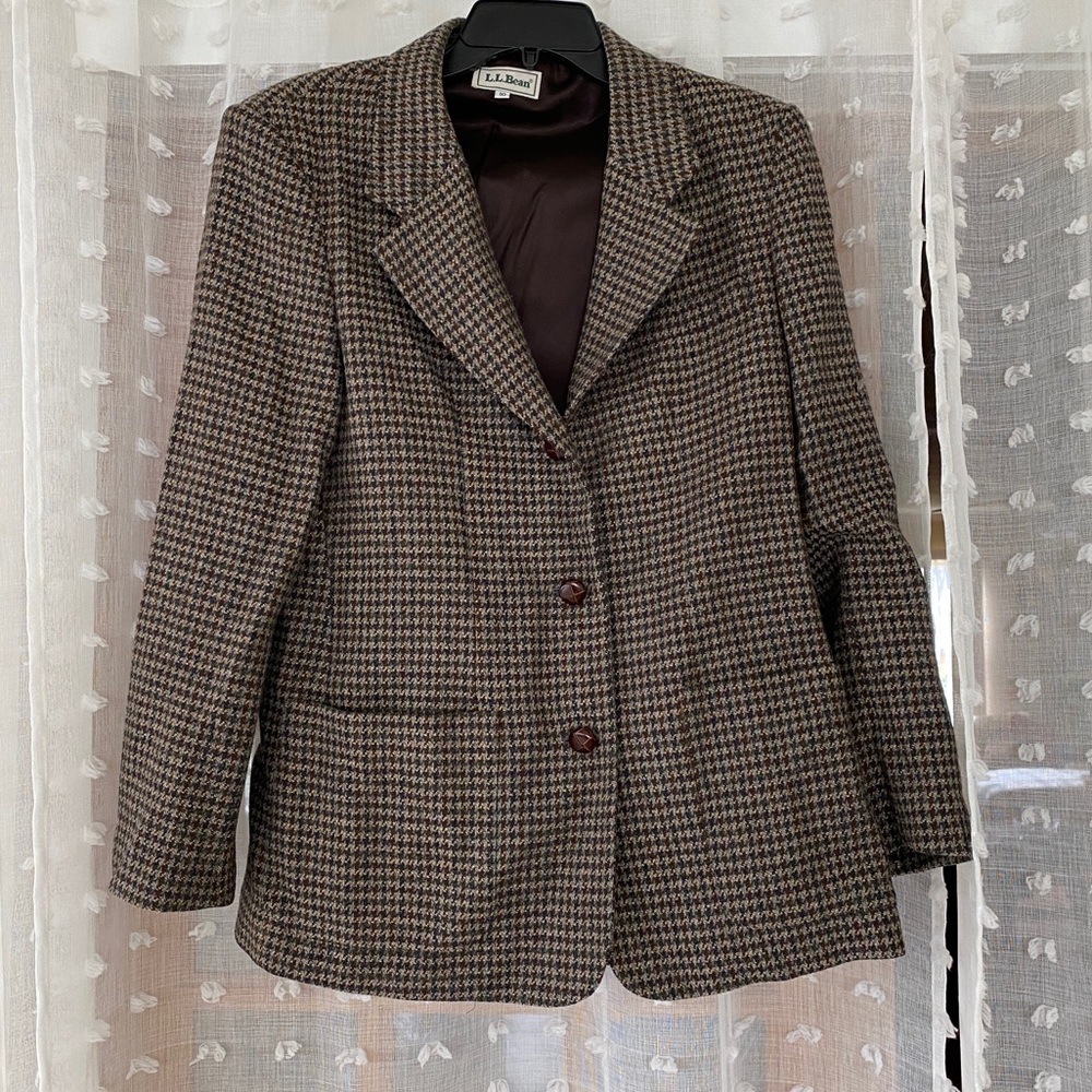 L.L. Bean Women's Brown Houndstooth Wool Blend Blazer